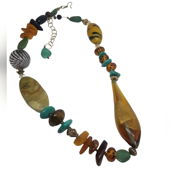 ARTISAN MADE GEMSTONE & ART GLASS MEDLEY STATEMENT NECKLACE WITH 14K GOLD CHAIN - Picture 3 of 11